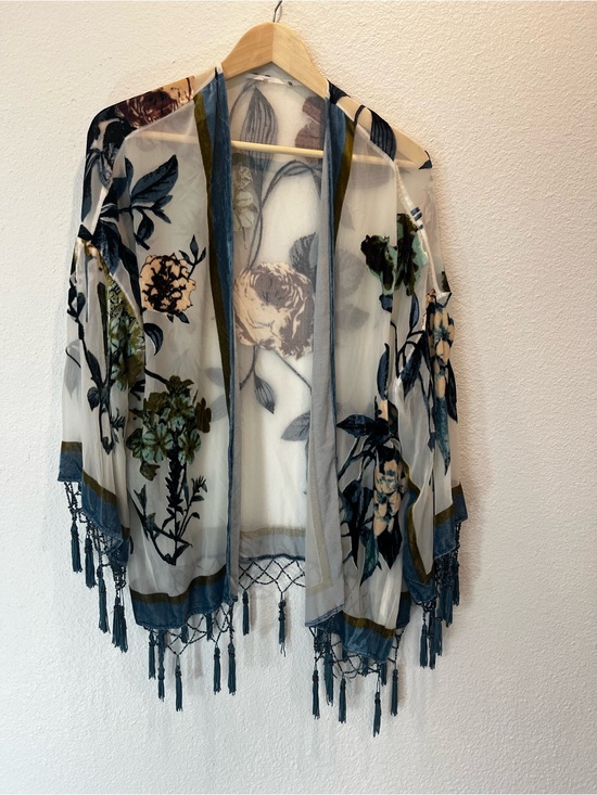 Chico's Tops - Sheer Floral Tassel Kimono Cardigan in Ivory and Teal